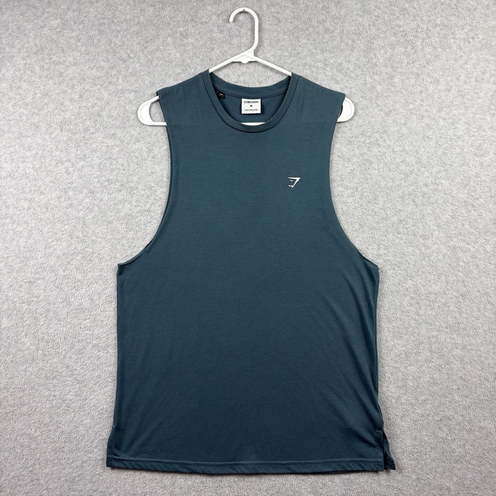Gymshark Studio Tank Mens Medium Teal Blue Slim Stretch Drop Cut Lightweight Top